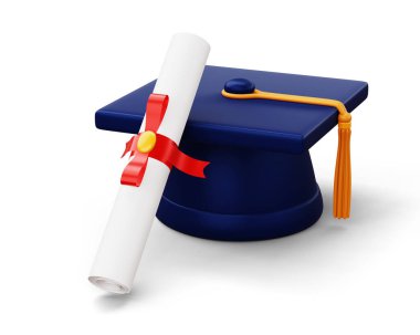 Diplomalı mezuniyet şapkası, 3D çizim.