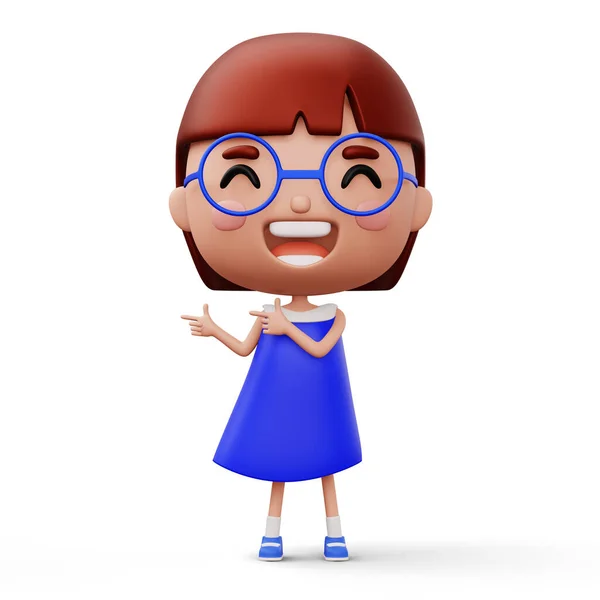 Happy Child Pointing Fingers Cute Girl Cartoon Character Rendering — Stock Photo, Image