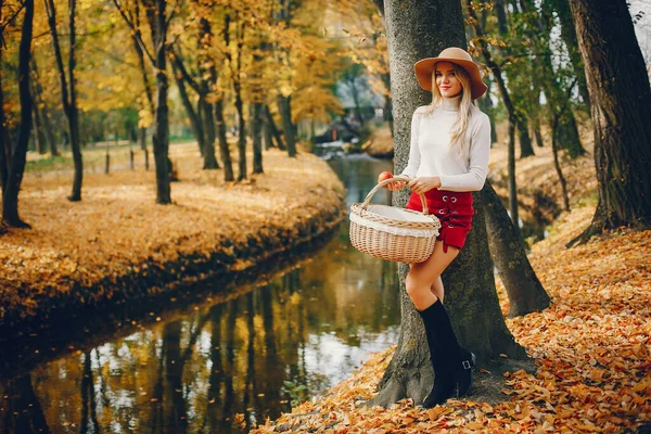 Schöne Frau Einem Park Stilvolles Mädchen Mit Braunem Hut — Stockfoto