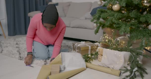 흑인젊은 크리스마스 선물을 의나무 준비를 — 비디오