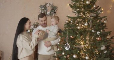 Mutlu aile babası ve bebeği evdeki Noel ağacında. Noel Ailesi. Mutluluk. Baba, anne ve oğul portresi.