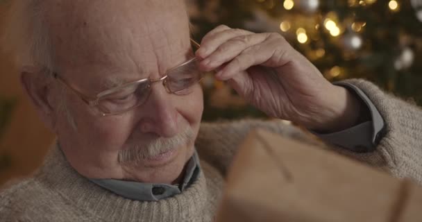 Senior Man Front Christmas Tree Holding Gift Elderly People Concept — Stock Video
