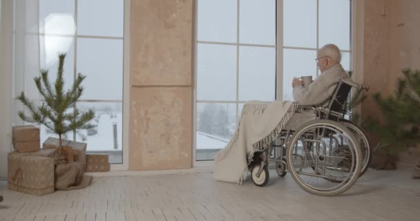 Äldre Man Rullstol Med Kopp Eller Kaffe Hemma Titta Fönstret — Stockvideo