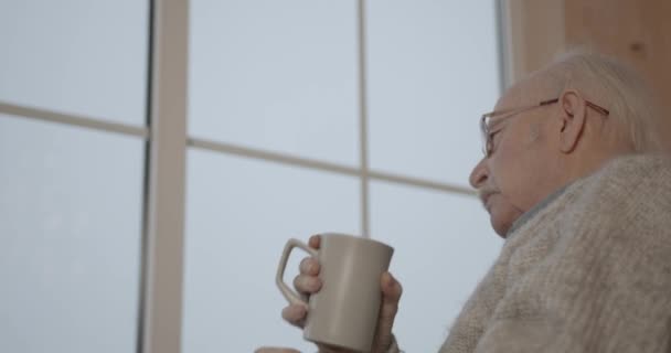 Ein Älterer Mann Rollstuhl Mit Einer Tasse Tee Oder Kaffee — Stockvideo