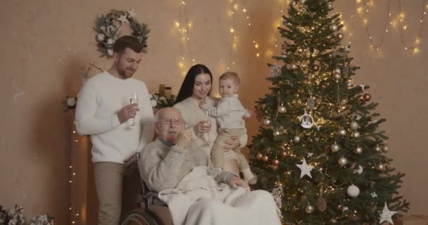 Сімейні Стосунки Різдвяна Концепція Старий Інвалідному Візку Проводить Якісний Час — стокове відео