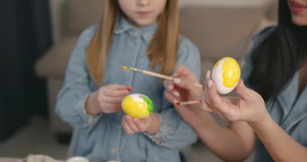 Happy Holiday Mother Her Daughter Painting Eggs Family Preparing Easter — Stock Video