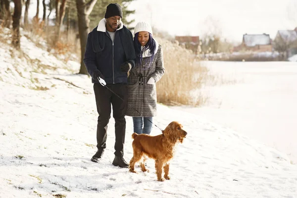 Die Menschen Gehen Nach Draußen Wintertag Afrikanisches Paar Mit Hund — Stockfoto
