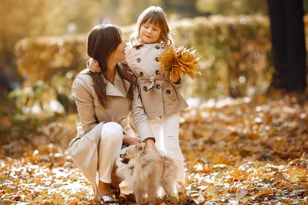 Модная Мать Дочерью Семья Осеннем Парке Семья Собакой — стоковое фото