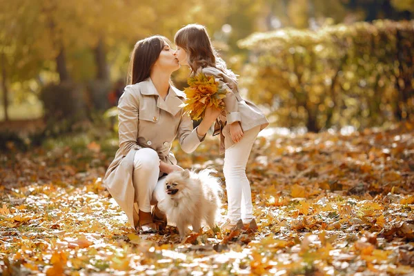 娘を持つファッショナブルな母親 秋の公園で家族 犬のいる家族 — ストック写真