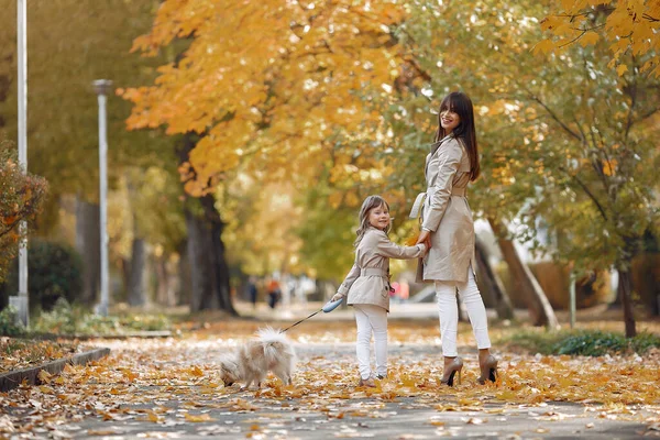 时髦的母亲和女儿 一家人在秋天的公园里 有狗的家庭 — 图库照片