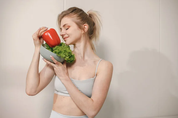 Fit Woman Lots Healthy Fresh Food Home Cropped View Woman — Stock Photo, Image