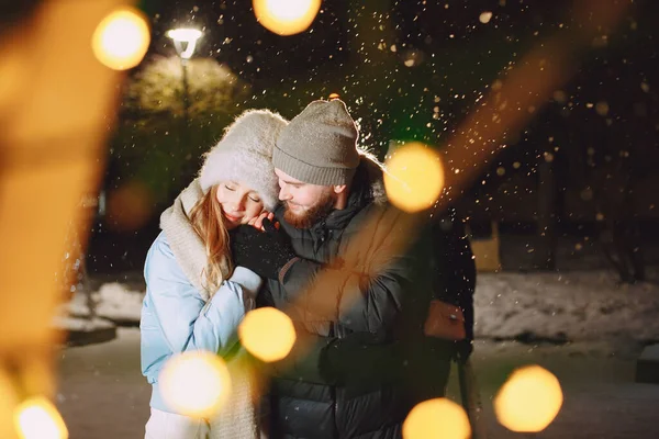 Winter Holidays Conception Outdoor Night Portrait Young Couple Posing Street — Stock Photo, Image