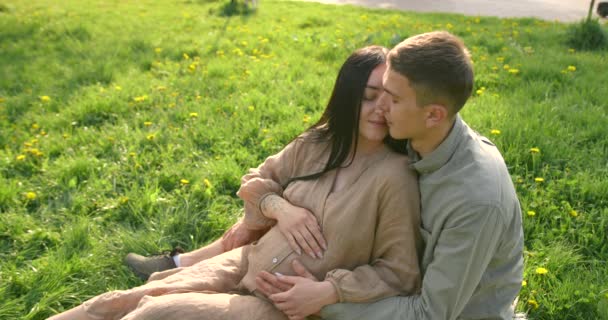 新生児を期待する恋人夫婦 公園内の母親と父親 家族は屋外で一緒に質の高い時間を過ごす 腹に触れる — ストック動画