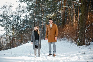 karlı bir günde parkta yürüyen mutlu genç çift