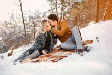 karlı bir kış gününde parkta piknik olan mutlu genç çift