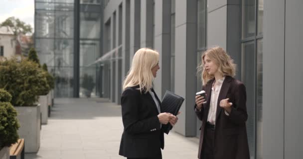 ビジネスセンターの近くに立って仕事を話し合うスーツの2人の女性 — ストック動画