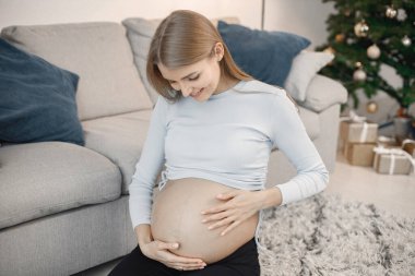 Karnına dokunan hamile kadın portresi. Oturma odasındaki kanepede oturan hamile bir kadın. Gri kazak giyen sarışın kadın..