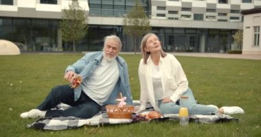 Modern binanın yakınındaki Meadow 'da piknikte hoş, olgun bir çift. Aktif emeklilik yaşam tarzı, kıdemli ilişki ve birlikte zaman geçirme kavramı.
