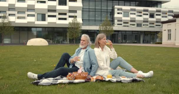 Kedves Érett Pár Pikniken Mezőn Közel Modern Épülethez Aktív Nyugdíjazás — Stock videók