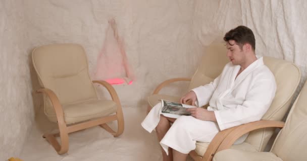 Young Man Resting Salt Room Spa Treatments Men Respiratory Disorders — Vídeos de Stock