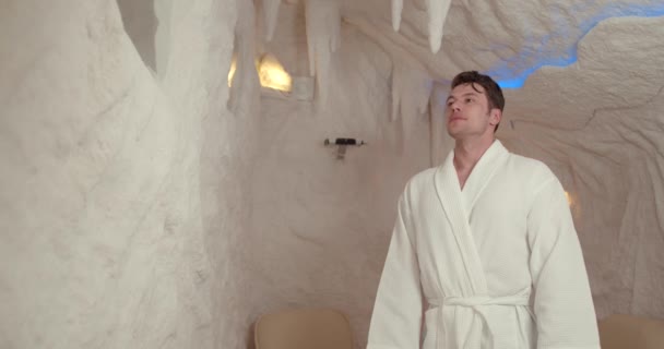 Young Man Resting Salt Room Spa Treatments Men Respiratory Disorders — Stock Video