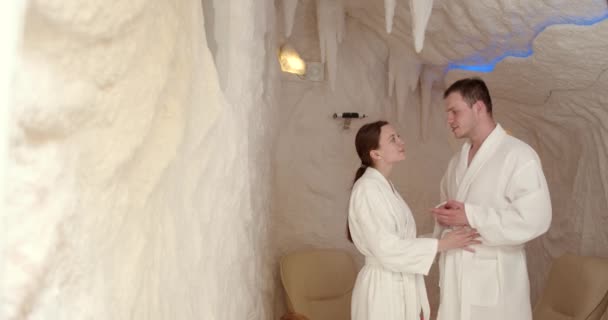 Young Couple Salt Inhalation Steam Room Relaxing Halotherapy — Video