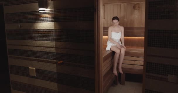 Beautiful Woman Wearing White Towel Takes Sauna Concept Relax Vacation — Stock videók