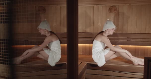 Beautiful Woman Wearing White Towel Takes Sauna Concept Relax Vacation — Stockvideo
