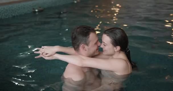 Young Couple Bathing Together Loving Couple Flirting Pool Spa — Stockvideo