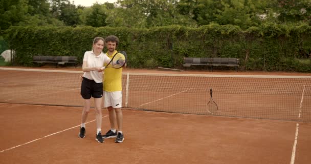 Middle Age Man Teaches Girl Play Tennis Tennis Court Summer — Wideo stockowe