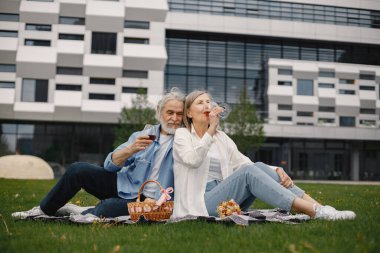 Yazın çimlerin üzerinde battaniyenin üzerinde oturan beyaz yaşlı bir çift. Kadın ve erkek şarap içiyor. Beyaz tişörtlü kadın ve mavi erkek..
