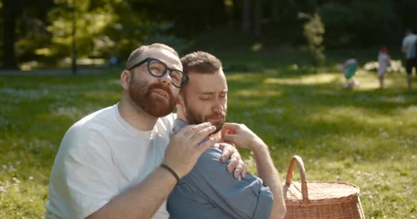 Smiling Two Men Gay Hugging Field Park Spending Time Together — ストック動画