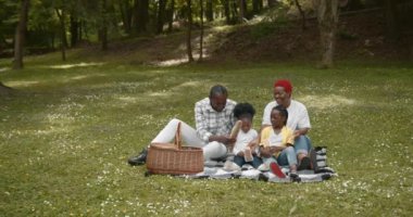 Happy black family resting and having fun on picnic in a park, enjoying and sitting on plaid in meadow, on green grass. Being together, family weekend, picnic in the park.