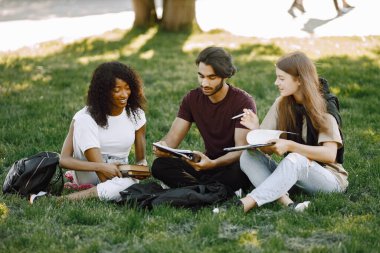 Group of smiling international students sitting on a grass together in park at university. African and caucasian girls and indian boy talking outdoors. Three friends disscussing about education.