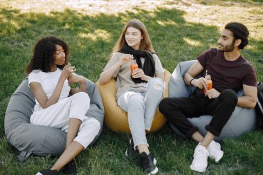 Friends hanging in the green park, relaxing, sitting on the bean bag chairs on grass. Indian boy and african and caucasian girl holding a bottles of juice. African girl wearing white clothes, boy