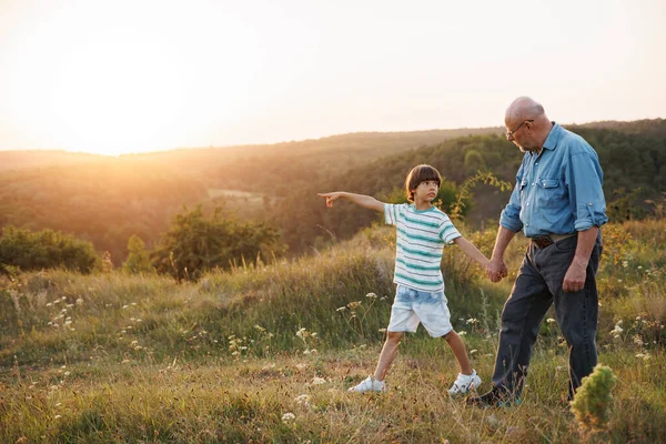 Photo of little boy and his grandfather walking in the field. Boy and grandfather spending time together at summer. Brunette boy wearing striped t-shirt and man blue shirt and glasses.