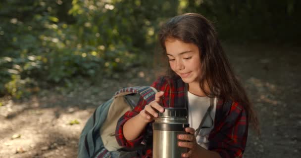 Young Girl Hiking Alone Summer Forest Teenager Using Flask Exploration — Stock Video