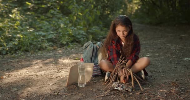 Petite Fille Met Des Bâtons Pour Feu Concept Camping Loisirs — Video