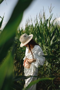 Darı tarlasında yürüyen hamile bir kadın. Beyaz elbiseli esmer bir kadın yaz tarlasında yürüyor. Hasır şapkalı kadın..