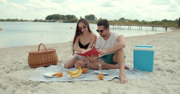 Ζευγάρι Απολαμβάνει Πικνίκ Στην Παραλία Καθισμένος Στην Κουβέρτα Του Πικνίκ — Αρχείο Βίντεο