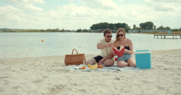 Een Stel Dat Geniet Van Een Picknick Het Strand Picknickdeken — Stockvideo