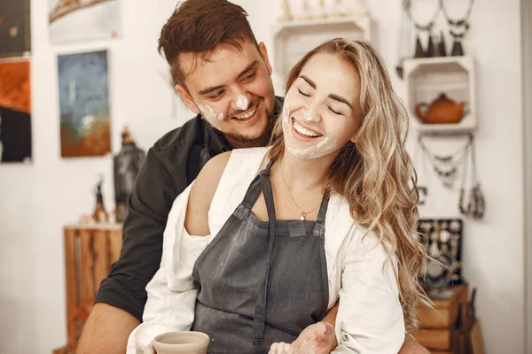 Mutual Creative Work Young Beautiful Couple Casual Clothes Aprons People — Stock Photo, Image