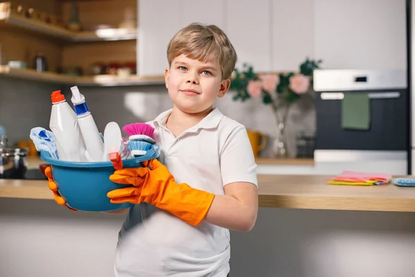 Portrait Blonde Boy Cleaning Kitchen Wearing Orange Gloves Caucasian Boy — Stock Photo, Image