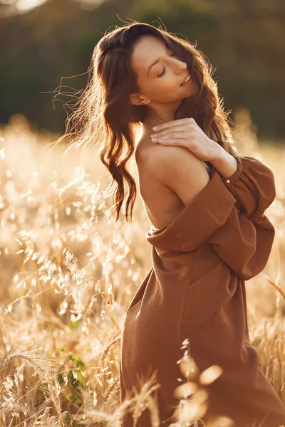 Woman Summer Field Brunette Brown Sweater Girl Sunset Background — Stock fotografie