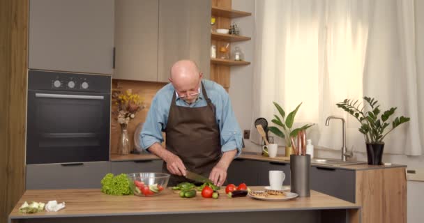 Gammal Glad Man Förbereder Hälsosam Mat Hemma Skär Färska Grönsakssallad — Stockvideo
