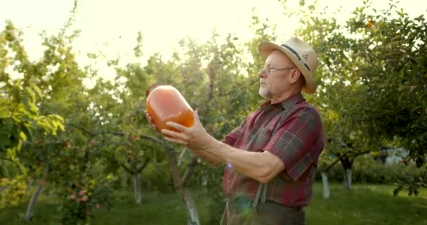 Усміхнений Чоловік Фермер Показує Яблучний Сік Скляній Пляшці Саду Під — стокове відео