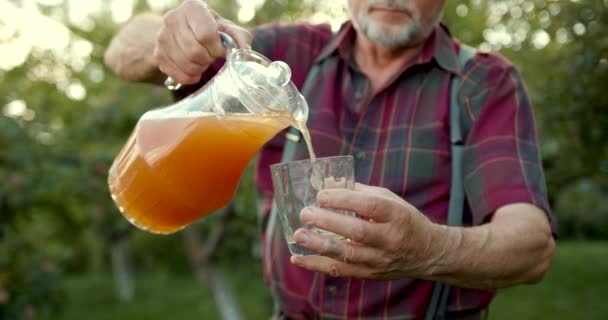 Улыбающийся Мужчина Фермер Показывает Яблочный Сок Стеклянной Бутылке Саду Время — стоковое видео