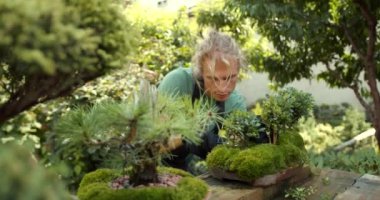 Genç adam bahçede rahatla. Bitkileri, çiçekleri ve ölü yaprakları kesmeyi önemsiyor. Doğa, hobi konsepti.