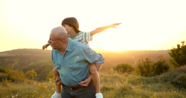 Happy Senior Man Grandfather Cute Little Boy Grandson Playing Field — Stock Video