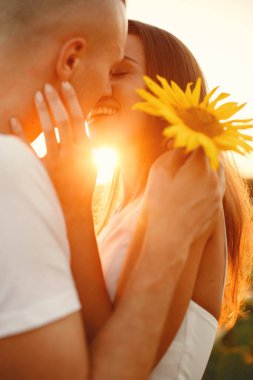 Young loving couple is kissing in a sunflower field. Portrait of couple posing in summer in field.